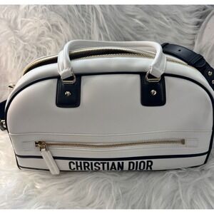 Christian Dior White Leather Bowling Bag with Gold Hardware & Adjustable Strap
